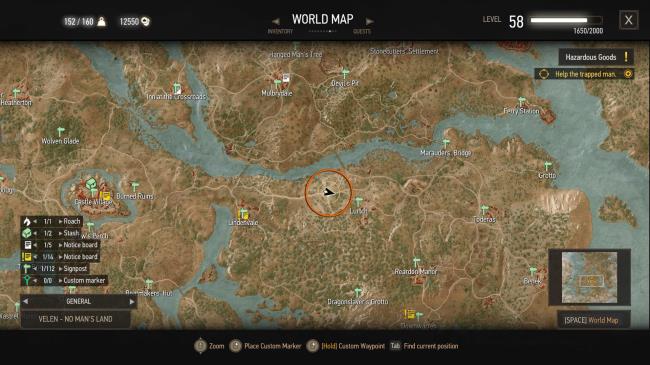 A screenshot of The Witcher 3's map, with an orange circle over a quest objective.