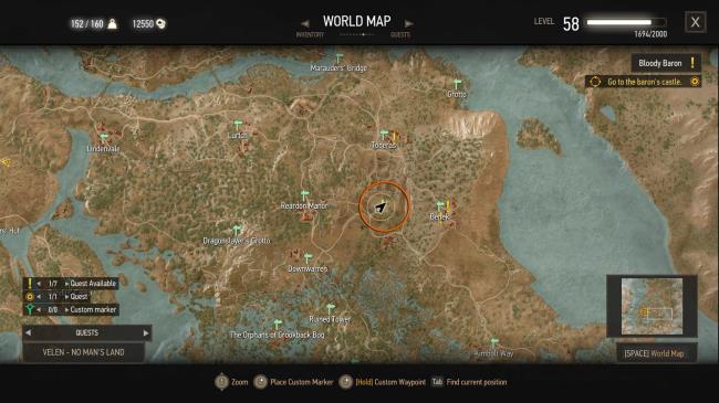 A screenshot of The Witcher 3's map, with an orange circle over a quest objective.