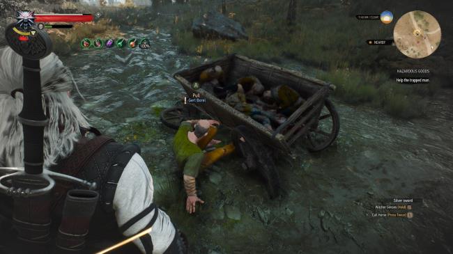 Geralt stands next to a man trapped under a cart full of corpses on the road in Velen.